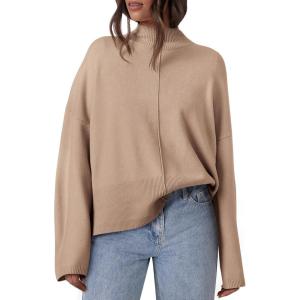 imagePRETTYGARDEN Womens Sweaters Fall 2024 Long Sleeve Ribbed Knit Pullover Loose Mock Neck Lightweight Casual Sweater TopsKhaki