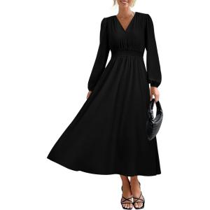 imagePRTTYGARDEN Womens Long Sleeve Maxi Dress 2024 Fall Trendy Elegant V Neck High Waist Flowy Wedding Guest Formal Long DressesBlack