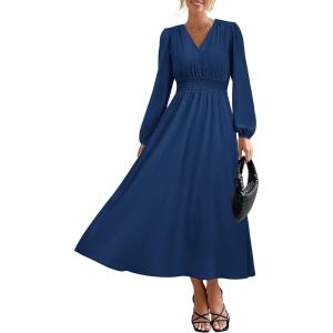imagePRTTYGARDEN Womens Long Sleeve Maxi Dress 2024 Fall Trendy Elegant V Neck High Waist Flowy Wedding Guest Formal Long DressesDark Blue
