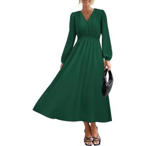 imagePRTTYGARDEN Womens Long Sleeve Maxi Dress 2024 Fall Trendy Elegant V Neck High Waist Flowy Wedding Guest Formal Long DressesDark Green