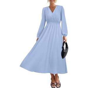 imagePRTTYGARDEN Womens Long Sleeve Maxi Dress 2024 Fall Trendy Elegant V Neck High Waist Flowy Wedding Guest Formal Long DressesLight Blue