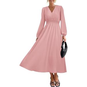 imagePRTTYGARDEN Womens Long Sleeve Maxi Dress 2024 Fall Trendy Elegant V Neck High Waist Flowy Wedding Guest Formal Long DressesPink