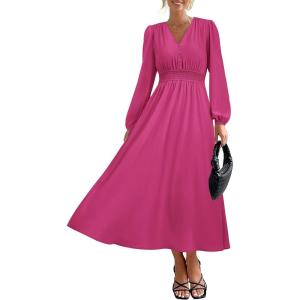 imagePRTTYGARDEN Womens Long Sleeve Maxi Dress 2024 Fall Trendy Elegant V Neck High Waist Flowy Wedding Guest Formal Long DressesRose Red