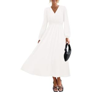imagePRTTYGARDEN Womens Long Sleeve Maxi Dress 2024 Fall Trendy Elegant V Neck High Waist Flowy Wedding Guest Formal Long DressesWhite