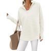 imagePRETTYGARDEN Womens Long Sleeve Quarter Zip Pullover Sweater Casual Loose V Neck Collared Ribbed Knit Jumper Tops Thumb HoleBeige White