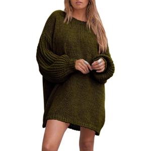 imagePRETTYGARDEN Womens 2024 Winter Pullover Sweaters Long Lantern Sleeve Crewneck Chunky Knit Slouchy Oversized Sweater DressArmy Green