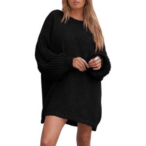 imagePRETTYGARDEN Womens 2024 Winter Pullover Sweaters Long Lantern Sleeve Crewneck Chunky Knit Slouchy Oversized Sweater DressBlack