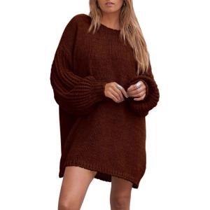 imagePRETTYGARDEN Womens 2024 Winter Pullover Sweaters Long Lantern Sleeve Crewneck Chunky Knit Slouchy Oversized Sweater DressCoffee