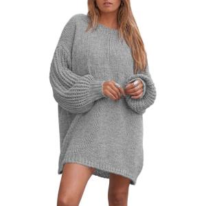 imagePRETTYGARDEN Womens 2024 Winter Pullover Sweaters Long Lantern Sleeve Crewneck Chunky Knit Slouchy Oversized Sweater DressGrey