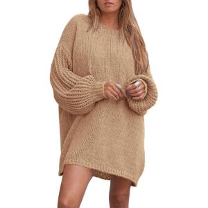 imagePRETTYGARDEN Womens 2024 Winter Pullover Sweaters Long Lantern Sleeve Crewneck Chunky Knit Slouchy Oversized Sweater DressKhaki