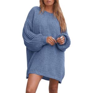 imagePRETTYGARDEN Womens 2024 Winter Pullover Sweaters Long Lantern Sleeve Crewneck Chunky Knit Slouchy Oversized Sweater DressMist Blue