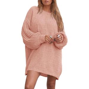 imagePRETTYGARDEN Womens 2024 Winter Pullover Sweaters Long Lantern Sleeve Crewneck Chunky Knit Slouchy Oversized Sweater DressPink