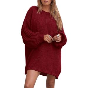 imagePRETTYGARDEN Womens 2024 Winter Pullover Sweaters Long Lantern Sleeve Crewneck Chunky Knit Slouchy Oversized Sweater DressWine Red