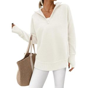 imagePRETTYGARDEN Womens Long Sleeve Quarter Zip Pullover Sweater Casual Loose V Neck Collared Ribbed Knit Jumper Tops Thumb HoleBeige White