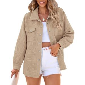 imagePRETTYGARDEN Womens Oversized Shacket Jackets Fall Fashion Clothes 2024 Casual Long Sleeve Loose Collared Blouse ShirtsApricot