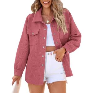 imagePRETTYGARDEN Womens Oversized Shacket Jackets Fall Fashion Clothes 2024 Casual Long Sleeve Loose Collared Blouse ShirtsBean Paste Red