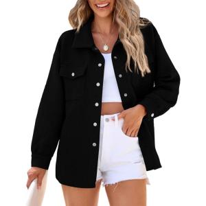 imagePRETTYGARDEN Womens Oversized Shacket Jackets Fall Fashion Clothes 2024 Casual Long Sleeve Loose Collared Blouse ShirtsBlack