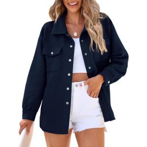 imagePRETTYGARDEN Womens Oversized Shacket Jackets Fall Fashion Clothes 2024 Casual Long Sleeve Loose Collared Blouse ShirtsDark Blue