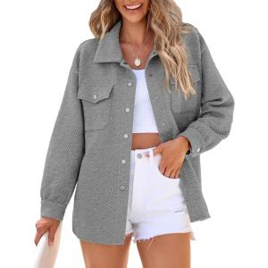 imagePRETTYGARDEN Womens Oversized Shacket Jackets Fall Fashion Clothes 2024 Casual Long Sleeve Loose Collared Blouse ShirtsGrey