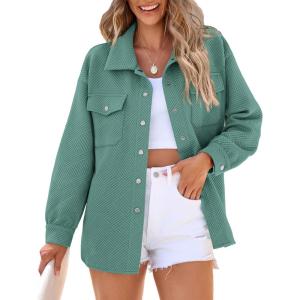 imagePRETTYGARDEN Womens Oversized Shacket Jackets Fall Fashion Clothes 2024 Casual Long Sleeve Loose Collared Blouse ShirtsGrey Green