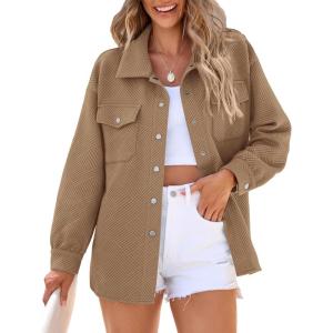 imagePRETTYGARDEN Womens Oversized Shacket Jackets Fall Fashion Clothes 2024 Casual Long Sleeve Loose Collared Blouse ShirtsKhaki