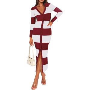 imagePRETTYGARDEN Womens Striped Sweater Dress Long Sleeve V Neck Button Down Knit Bodycon Maxi Dresses with SlitStriped Wine Red White