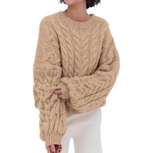 imagePRETTYGARDEN Womens Sweaters Fall 2024 Cable Knit Long Sleeve Crewneck Oversized Sweater Chunky Pullover Loose OutfitsApricot