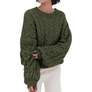 imagePRETTYGARDEN Womens Sweaters Fall 2024 Cable Knit Long Sleeve Crewneck Oversized Sweater Chunky Pullover Loose OutfitsArmy Green