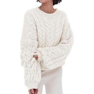imagePRETTYGARDEN Womens Sweaters Fall 2024 Cable Knit Long Sleeve Crewneck Oversized Sweater Chunky Pullover Loose OutfitsBeige White
