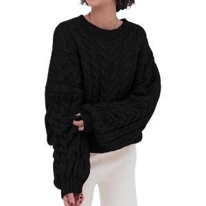 imagePRETTYGARDEN Womens Sweaters Fall 2024 Cable Knit Long Sleeve Crewneck Oversized Sweater Chunky Pullover Loose OutfitsBlack