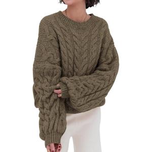imagePRETTYGARDEN Womens Sweaters Fall 2024 Cable Knit Long Sleeve Crewneck Oversized Sweater Chunky Pullover Loose OutfitsBrown Coffee