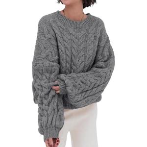 imagePRETTYGARDEN Womens Sweaters Fall 2024 Cable Knit Long Sleeve Crewneck Oversized Sweater Chunky Pullover Loose OutfitsGrey