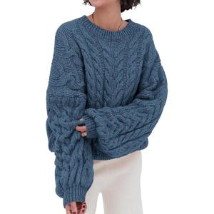 imagePRETTYGARDEN Womens Sweaters Fall 2024 Cable Knit Long Sleeve Crewneck Oversized Sweater Chunky Pullover Loose OutfitsGrey Blue