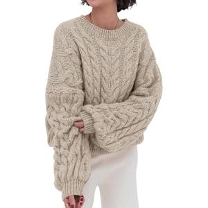 imagePRETTYGARDEN Womens Sweaters Fall 2024 Cable Knit Long Sleeve Crewneck Oversized Sweater Chunky Pullover Loose OutfitsKhaki