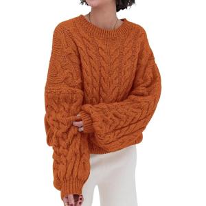 imagePRETTYGARDEN Womens Sweaters Fall 2024 Cable Knit Long Sleeve Crewneck Oversized Sweater Chunky Pullover Loose OutfitsOrange