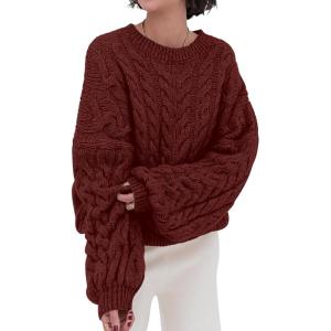 imagePRETTYGARDEN Womens Sweaters Fall 2024 Cable Knit Long Sleeve Crewneck Oversized Sweater Chunky Pullover Loose OutfitsWine Red