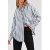 imagePRETTYGARDEN Womens Striped Button Down Shirt Fall Fashion Oversized Collared Long Sleeve Office Work Blouses TopsNavy