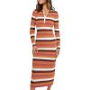 imagePRETTYGARDEN Womens Striped Sweater Dress Fall 2024 Long Sleeve Button Up V Neck Knit Midi Bodycon Party DressesStriped Orange