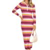 imagePRETTYGARDEN Womens Striped Sweater Dress Fall 2024 Long Sleeve Button Up V Neck Knit Midi Bodycon Party DressesStriped Rose Red