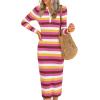 imagePRETTYGARDEN Womens Striped Sweater Dress Fall 2024 Long Sleeve Button Up V Neck Knit Midi Bodycon Party DressesStriped Rose Red