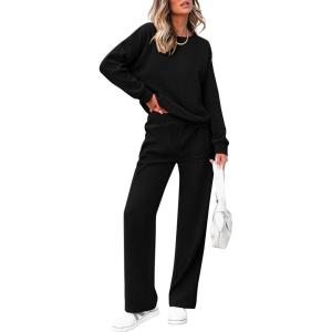imagePRETTYGARDEN Womens 2 Piece Outfits 2024 Winter Fashion Tracksuits Long Sleeve Pullover Tops Straight Leg Pants Lounge SetsBlack