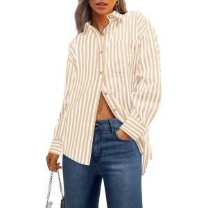 imagePRETTYGARDEN Womens Striped Button Down Shirt Fall Fashion Oversized Collared Long Sleeve Office Work Blouses TopsApricot