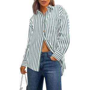 imagePRETTYGARDEN Womens Striped Button Down Shirt Fall Fashion Oversized Collared Long Sleeve Office Work Blouses TopsGreen
