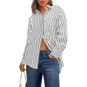 imagePRETTYGARDEN Womens Striped Button Down Shirt Fall Fashion Oversized Collared Long Sleeve Office Work Blouses TopsGrey