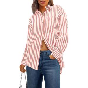 imagePRETTYGARDEN Womens Striped Button Down Shirt Fall Fashion Oversized Collared Long Sleeve Office Work Blouses TopsRed