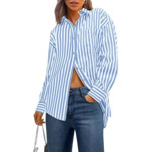 imagePRETTYGARDEN Womens Striped Button Down Shirt Fall Fashion Oversized Collared Long Sleeve Office Work Blouses TopsSky Blue