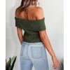 imagePRETTYGARDEN Womens 2025 Summer Off Shoulder Sweater Tops Ribbed Knit Short Sleeve Trendy Going Out Date Night BlouseArmy Green