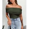 imagePRETTYGARDEN Womens 2025 Summer Off Shoulder Sweater Tops Ribbed Knit Short Sleeve Trendy Going Out Date Night BlouseArmy Green