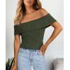 imagePRETTYGARDEN Womens 2025 Summer Off Shoulder Sweater Tops Ribbed Knit Short Sleeve Trendy Going Out Date Night BlouseArmy Green