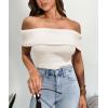 imagePRETTYGARDEN Womens 2025 Summer Off Shoulder Sweater Tops Ribbed Knit Short Sleeve Trendy Going Out Date Night BlouseBeige White